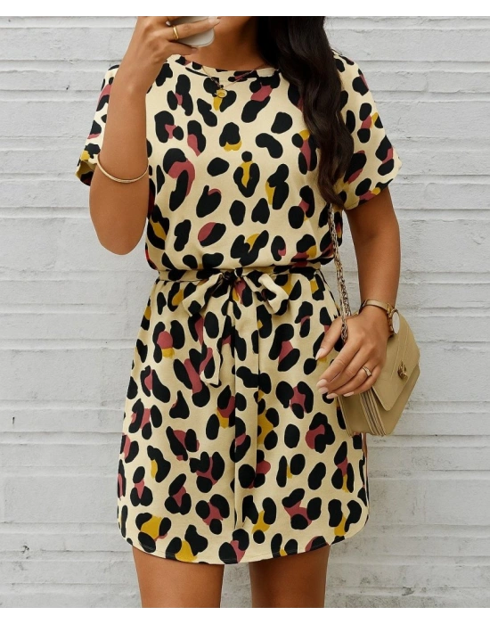 Kadın Kısa Kollu Yuvarlak Yaka Beli Kuşaklı Geometrik Desenli Süprem Elbise