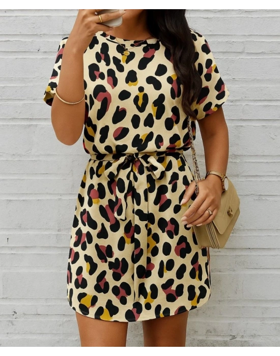 Kadın Kısa Kollu Yuvarlak Yaka Beli Kuşaklı Geometrik Desenli Süprem Elbise