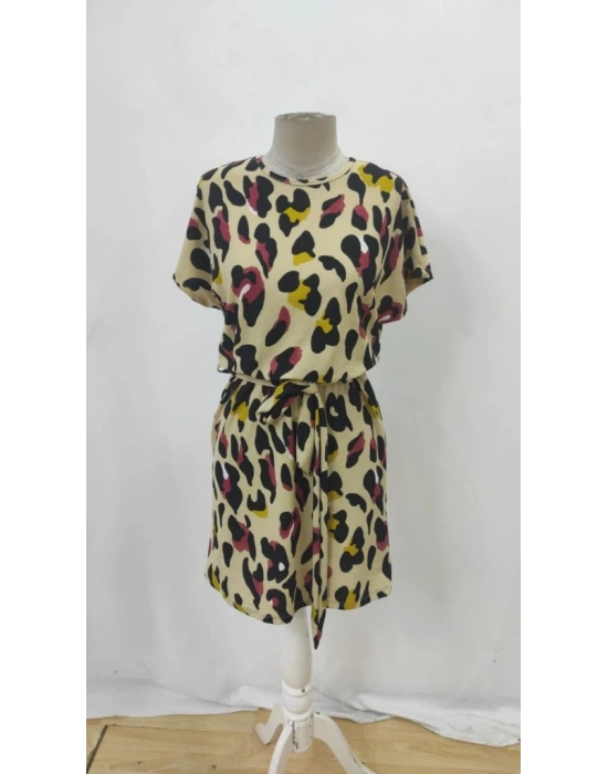 Kadın Kısa Kollu Yuvarlak Yaka Beli Kuşaklı Geometrik Desenli Süprem Elbise