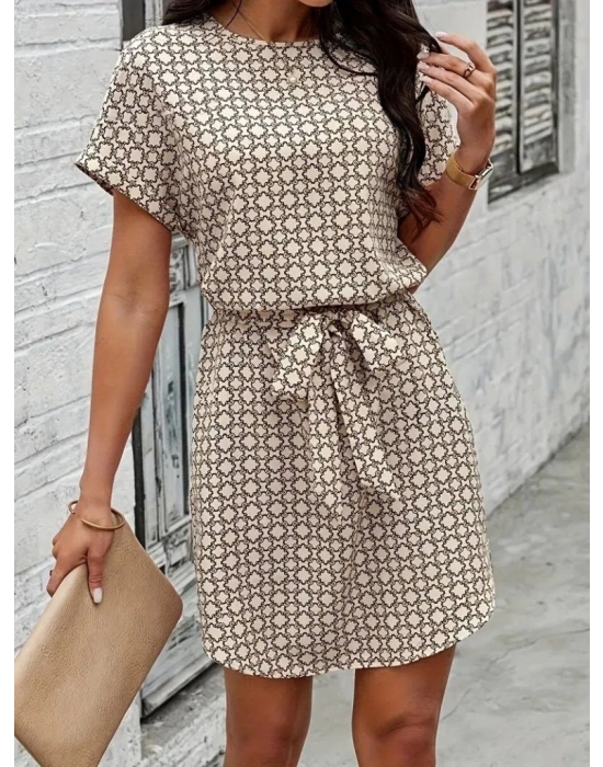 Kadın Kısa Kollu Yuvarlak Yaka Beli Kuşaklı Geometrik Desenli Süprem Elbise