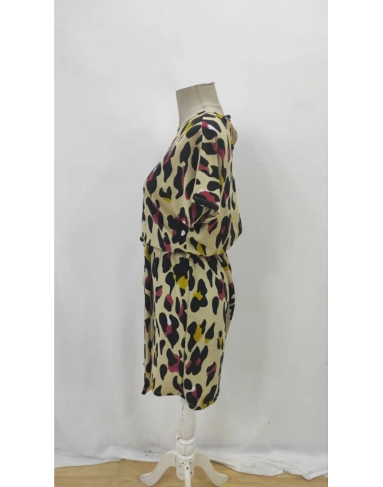 Kadın Kısa Kollu Yuvarlak Yaka Beli Kuşaklı Geometrik Desenli Süprem Elbise