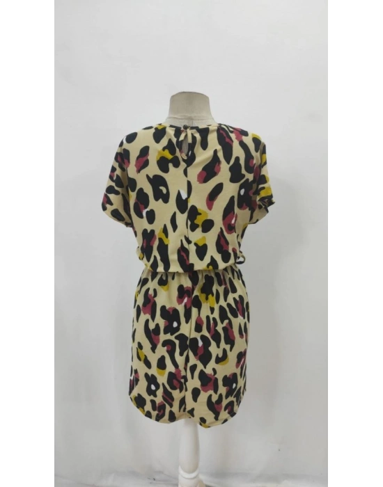 Kadın Kısa Kollu Yuvarlak Yaka Beli Kuşaklı Geometrik Desenli Süprem Elbise