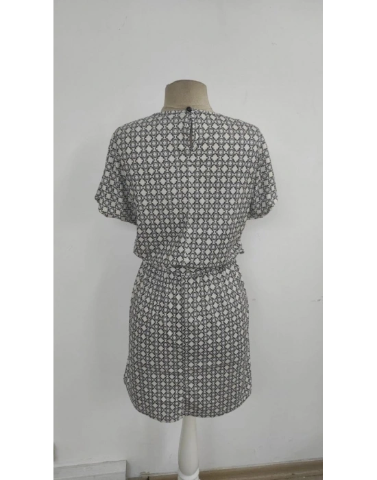 Kadın Kısa Kollu Yuvarlak Yaka Beli Kuşaklı Geometrik Desenli Süprem Elbise