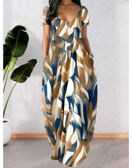 Kadın Kısa Kollu Yuvarlak Yaka Cepli Salaş Baskılı Süprem Elbise