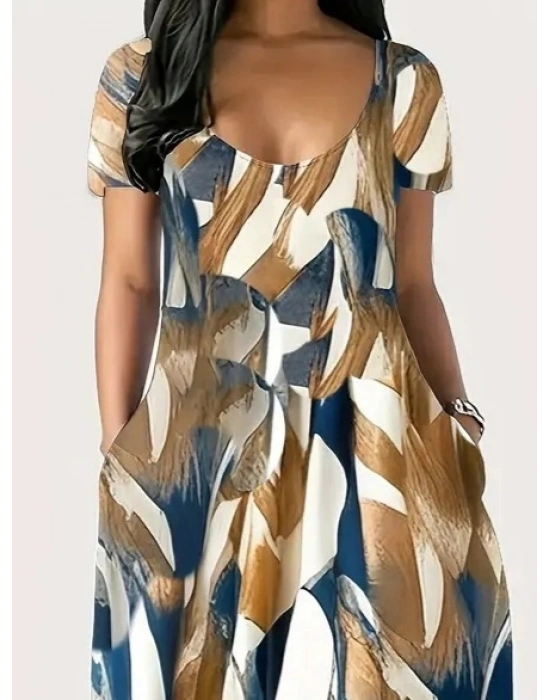 Kadın Kısa Kollu Yuvarlak Yaka Cepli Salaş Baskılı Süprem Elbise