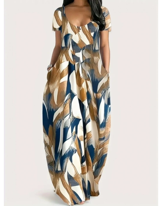 Kadın Kısa Kollu Yuvarlak Yaka Cepli Salaş Baskılı Süprem Elbise