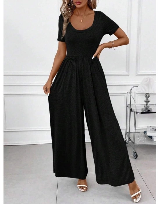 Kadın Kısa Kollu Yuvarlak Yaka Geniş Paçalı Bürümcük Tulum