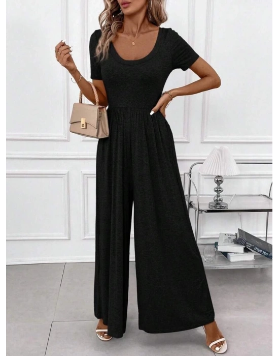 Kadın Kısa Kollu Yuvarlak Yaka Geniş Paçalı Bürümcük Tulum