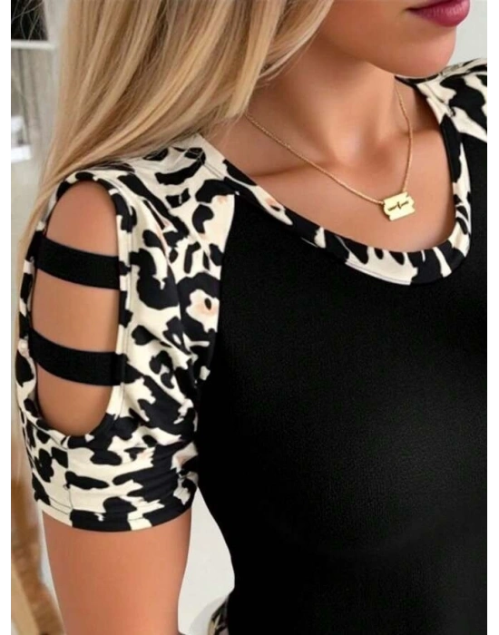 Kadın Kısa Kollu Yuvarlak Yaka Kollarda şerit Detaylı Leoparlı Viskon Bluz
