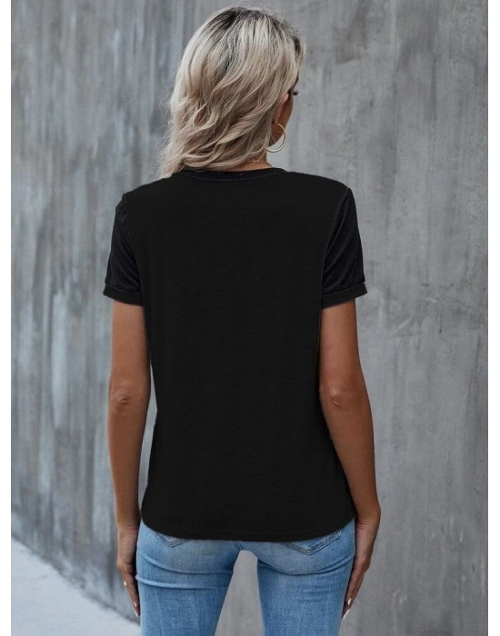 Kadın Kısa Kollu Yuvarlak Yaka ön Dantel Detaylı Viskon Bluz