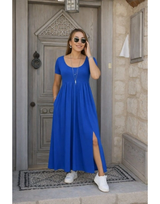 Kadın Kısa Kollu Yuvarlak Yaka önden Yırtmaçlı Cepli Viskon Uzun Elbise