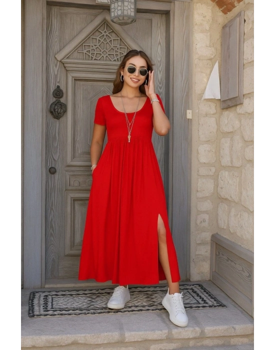 Kadın Kısa Kollu Yuvarlak Yaka önden Yırtmaçlı Cepli Viskon Uzun Elbise