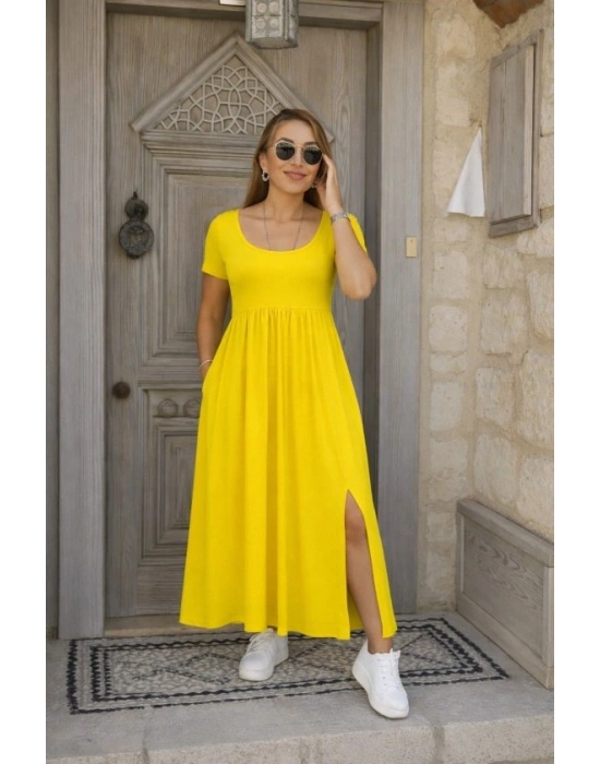 Kadın Kısa Kollu Yuvarlak Yaka önden Yırtmaçlı Cepli Viskon Uzun Elbise