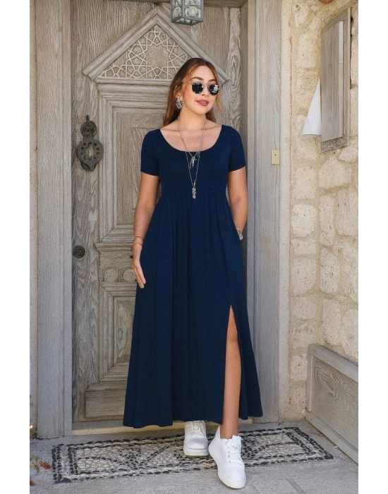 Kadın Kısa Kollu Yuvarlak Yaka önden Yırtmaçlı Cepli Viskon Uzun Elbise