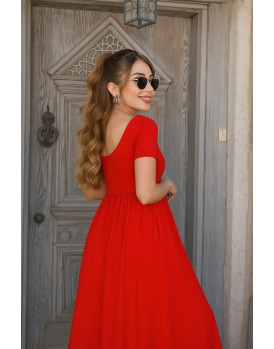 Kadın Kısa Kollu Yuvarlak Yaka önden Yırtmaçlı Cepli Viskon Uzun Elbise