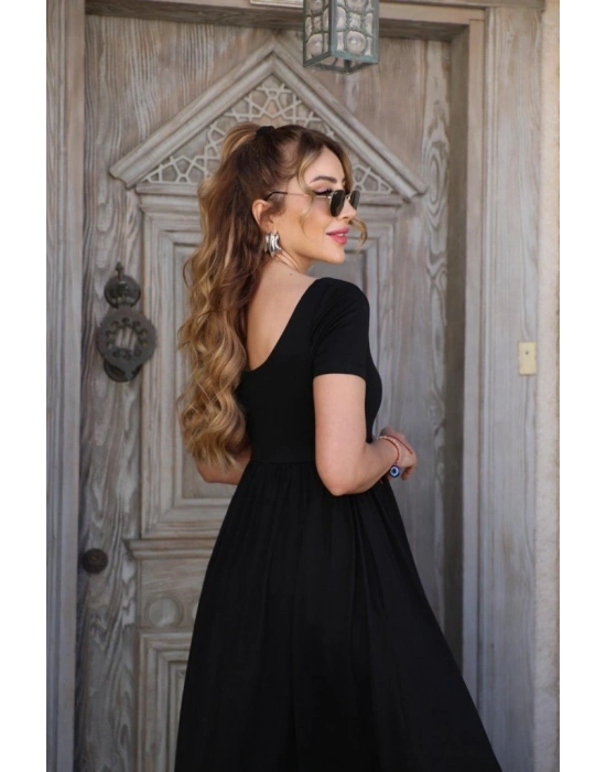 Kadın Kısa Kollu Yuvarlak Yaka önden Yırtmaçlı Cepli Viskon Uzun Elbise