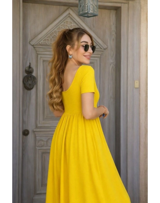 Kadın Kısa Kollu Yuvarlak Yaka önden Yırtmaçlı Cepli Viskon Uzun Elbise