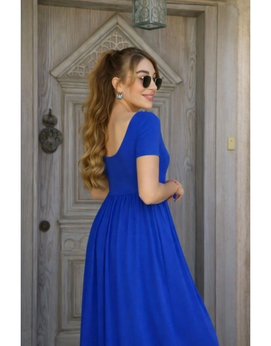 Kadın Kısa Kollu Yuvarlak Yaka önden Yırtmaçlı Cepli Viskon Uzun Elbise