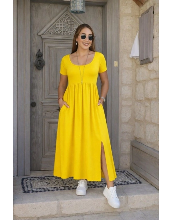 Kadın Kısa Kollu Yuvarlak Yaka önden Yırtmaçlı Cepli Viskon Uzun Elbise
