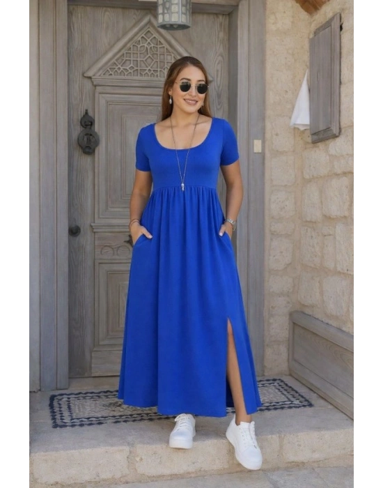 Kadın Kısa Kollu Yuvarlak Yaka önden Yırtmaçlı Cepli Viskon Uzun Elbise
