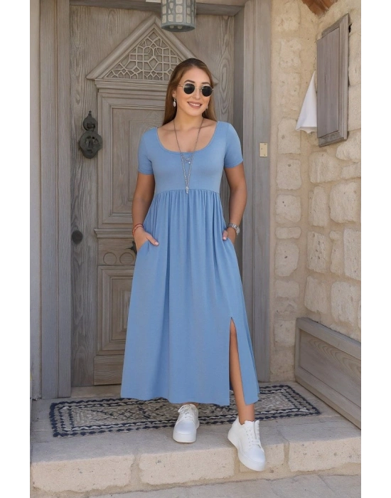 Kadın Kısa Kollu Yuvarlak Yaka önden Yırtmaçlı Cepli Viskon Uzun Elbise