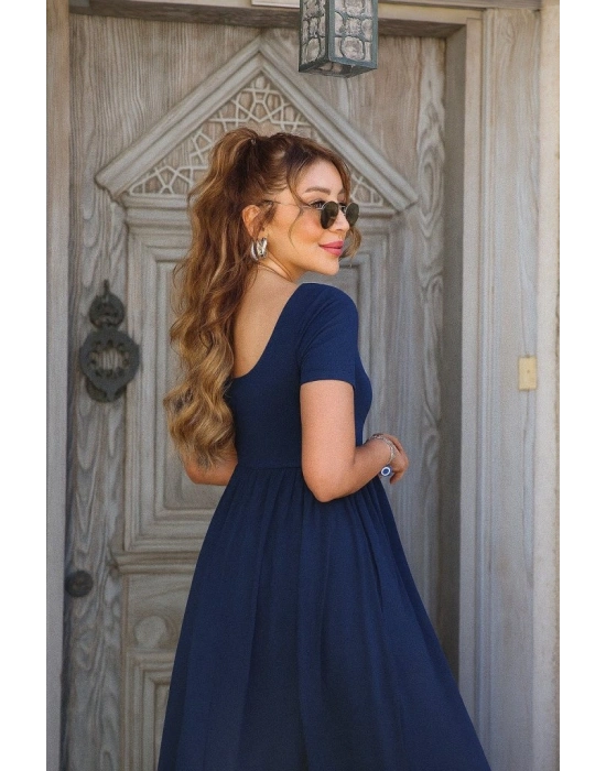 Kadın Kısa Kollu Yuvarlak Yaka önden Yırtmaçlı Cepli Viskon Uzun Elbise