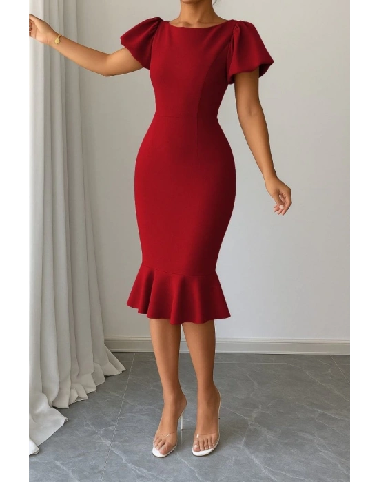 Kadın Kısa Kollu Yuvarlak Yaka Pileli Janjan Krep Elbise