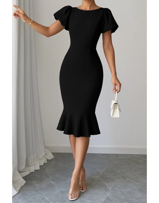 Kadın Kısa Kollu Yuvarlak Yaka Pileli Janjan Krep Elbise