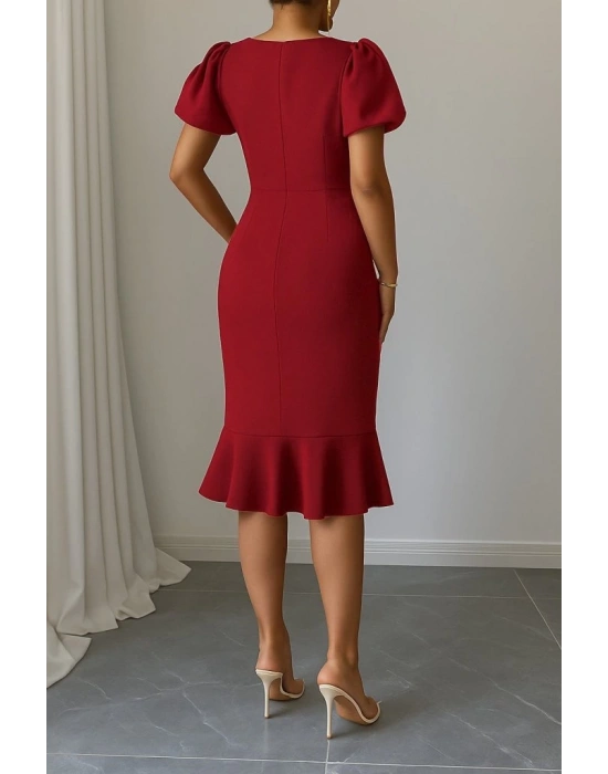 Kadın Kısa Kollu Yuvarlak Yaka Pileli Janjan Krep Elbise