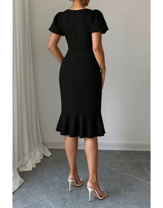 Kadın Kısa Kollu Yuvarlak Yaka Pileli Janjan Krep Elbise