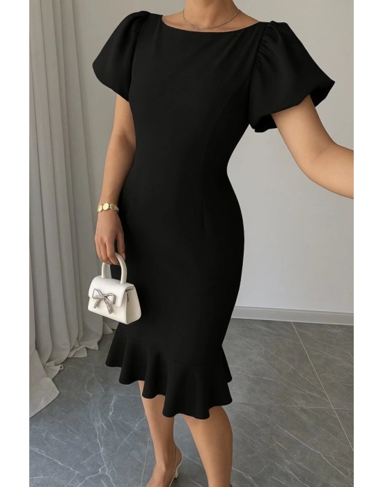 Kadın Kısa Kollu Yuvarlak Yaka Pileli Janjan Krep Elbise