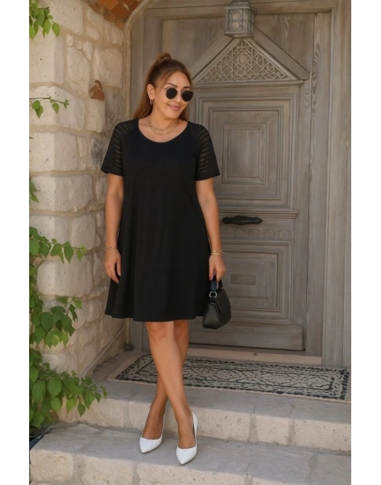 Kadın Kısa Kollu Yuvarlak Yaka şerit Kol Detaylı Viskon Elbise