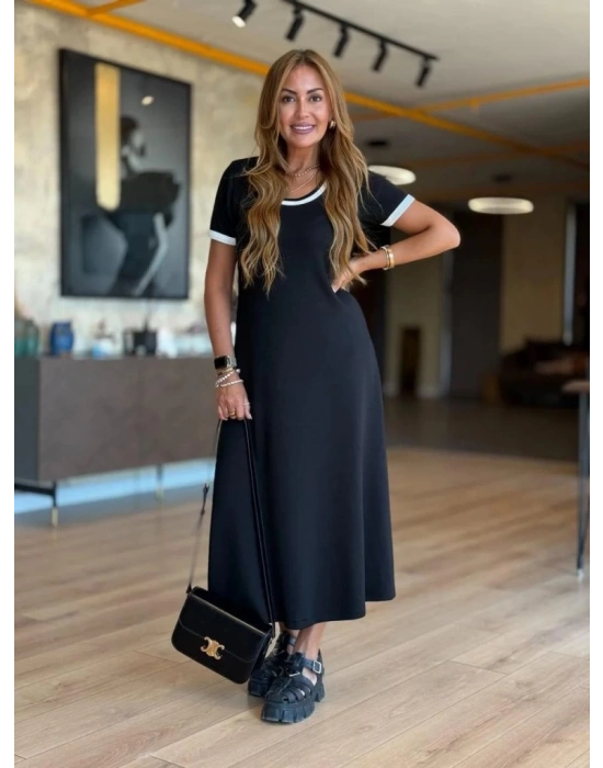 Kadın Kısa Kollu Yuvarlak Yaka Yandan Yırtmaçlı Midi Viskon Elbise