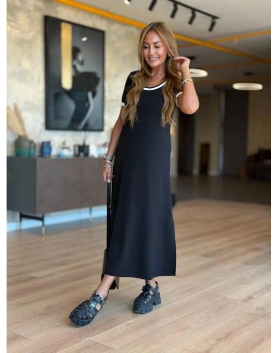 Kadın Kısa Kollu Yuvarlak Yaka Yandan Yırtmaçlı Midi Viskon Elbise