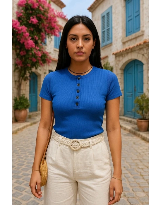 Kadın Kısa Kollu Yuvarlak Yakalı Düğme Detay Kaşkorse Bluz