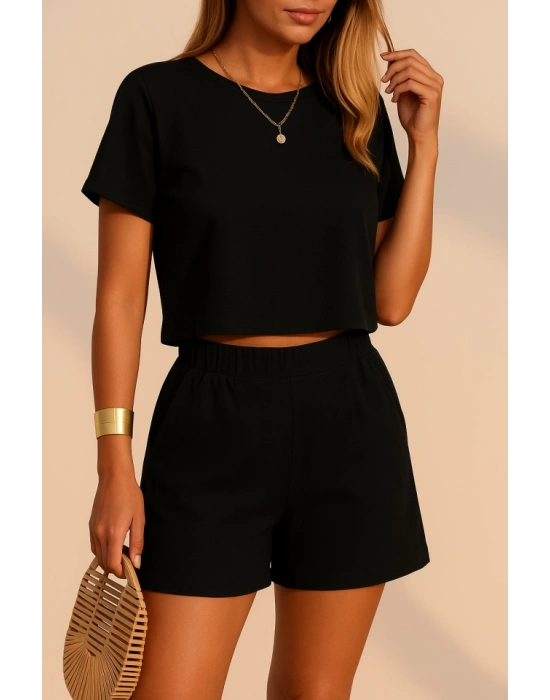 Kadın Kısa Kollu Yuvarlak Yakalı Ithal Keten Bluz Ve Short Ikili Takım
