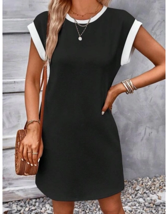 Kadın Kısa Kollu Yuvarlak Yakalı Kontrast Manset Detaylı Kısa Janjan Krep Elbise