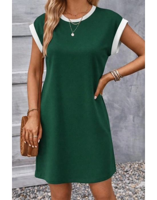 Kadın Kısa Kollu Yuvarlak Yakalı Kontrast Manset Detaylı Kısa Janjan Krep Elbise
