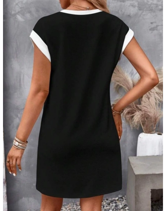 Kadın Kısa Kollu Yuvarlak Yakalı Kontrast Manset Detaylı Kısa Janjan Krep Elbise