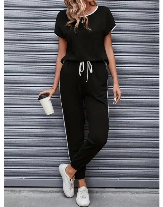 Kadın Kısa Kollu Yuvarlak Yakalı şerit Detaylı Viskon Iki Iplik Bluz Ve Pantolon Ikili Takım