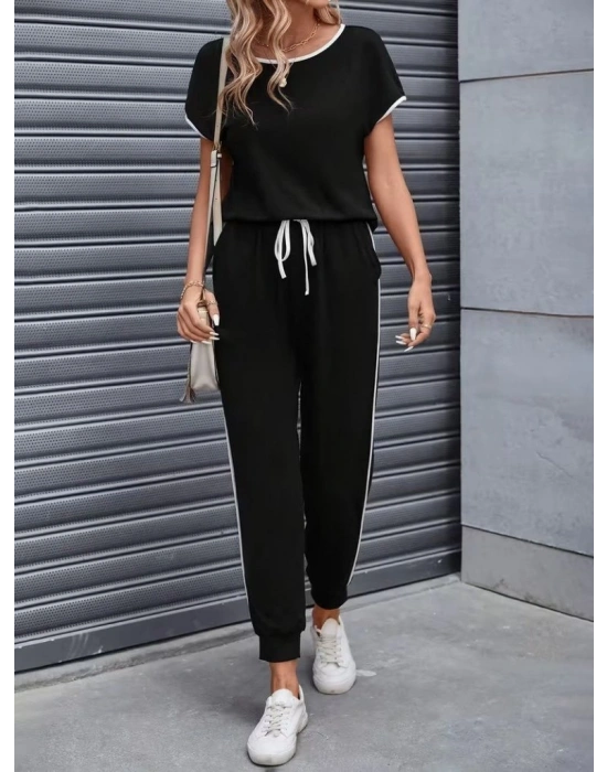 Kadın Kısa Kollu Yuvarlak Yakalı şerit Detaylı Viskon Iki Iplik Bluz Ve Pantolon Ikili Takım