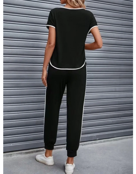 Kadın Kısa Kollu Yuvarlak Yakalı şerit Detaylı Viskon Iki Iplik Bluz Ve Pantolon Ikili Takım