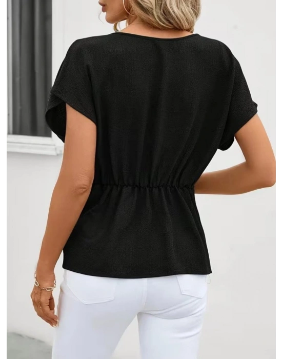 Kadın Kısa Kollu Yuvarlak Yakalı Yandan Sarmal Detaylı Bürümcük Bluz