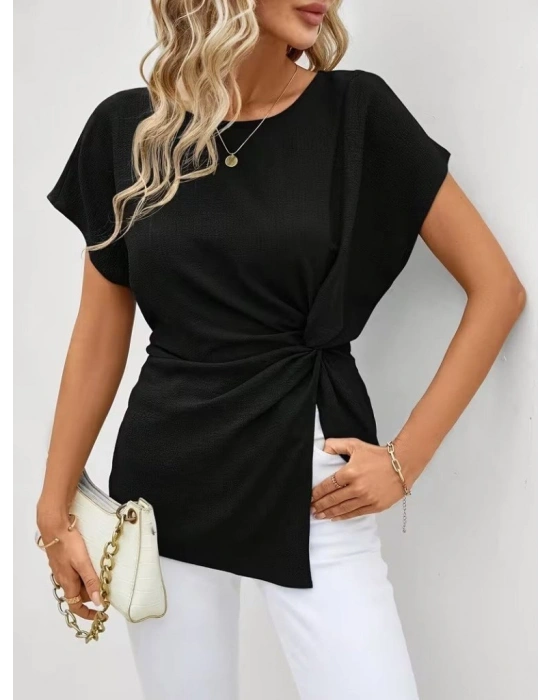 Kadın Kısa Kollu Yuvarlak Yakalı Yandan Sarmal Detaylı Bürümcük Bluz