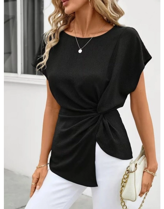 Kadın Kısa Kollu Yuvarlak Yakalı Yandan Sarmal Detaylı Bürümcük Bluz