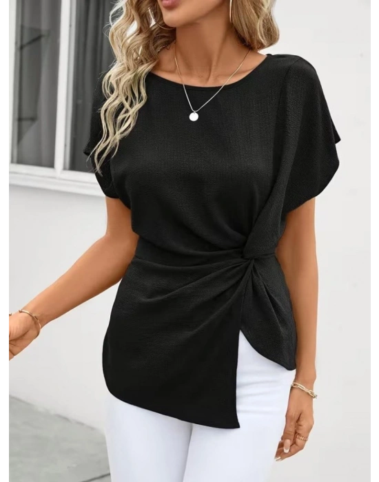 Kadın Kısa Kollu Yuvarlak Yakalı Yandan Sarmal Detaylı Bürümcük Bluz