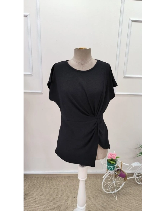 Kadın Kısa Kollu Yuvarlak Yakalı Yandan Sarmal Detaylı Bürümcük Bluz