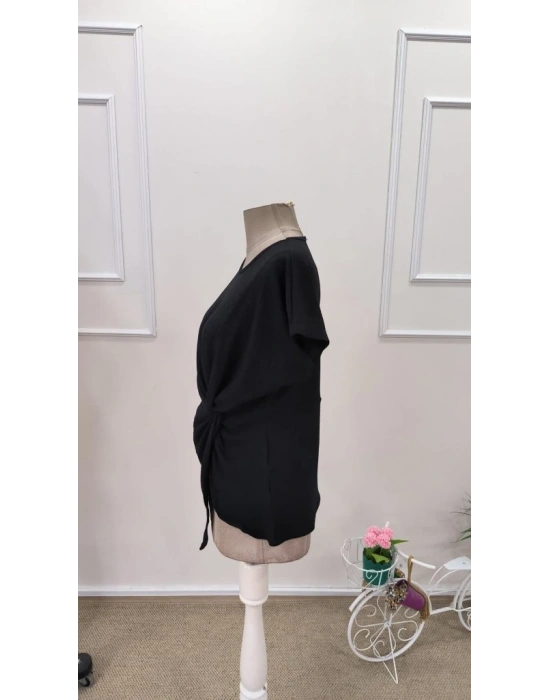 Kadın Kısa Kollu Yuvarlak Yakalı Yandan Sarmal Detaylı Bürümcük Bluz