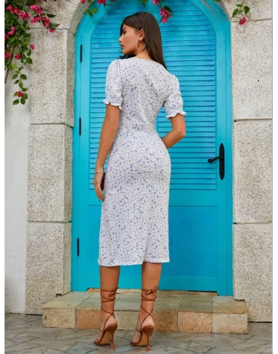 Kadın Kısa Kolluyakası Büzgü Detay Kolu astikli çiçek Baskı Elbise