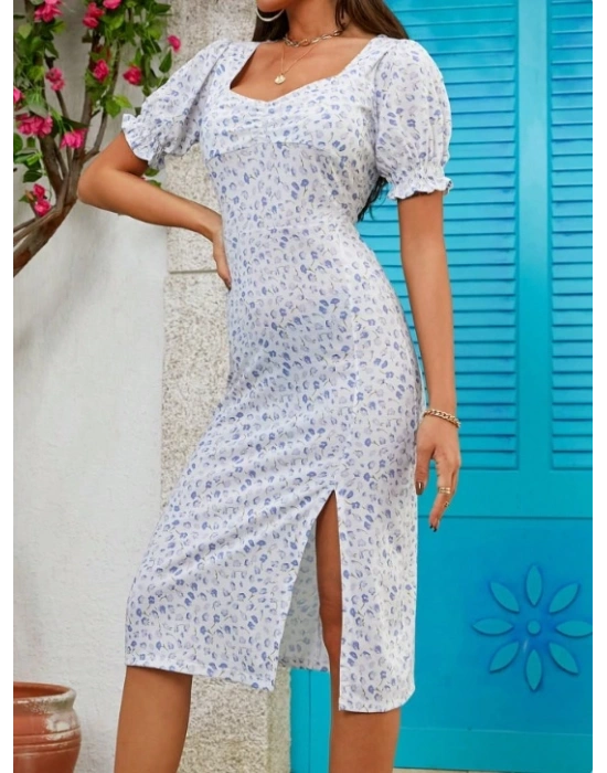 Kadın Kısa Kolluyakası Büzgü Detay Kolu astikli çiçek Baskı Elbise